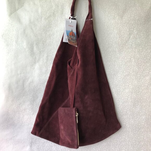 CHEVAL Firenze  Suede Genuine Leather Hobo Bag w Pouch   Wine  Made In Italy - Picture 6 of 11